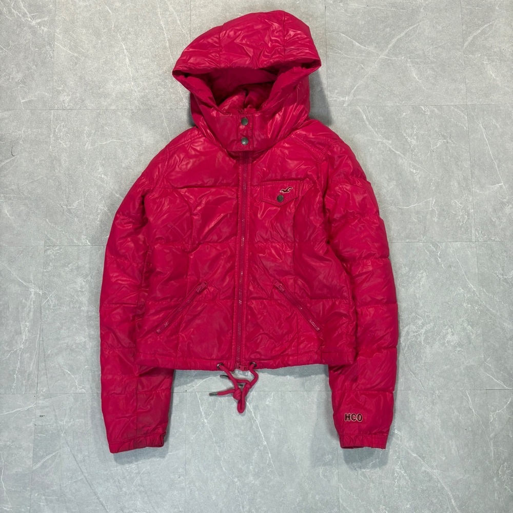 Hollister Hot Pink Puffer Jacket Women Small Hooded Quilted Full Zip Coat HCO